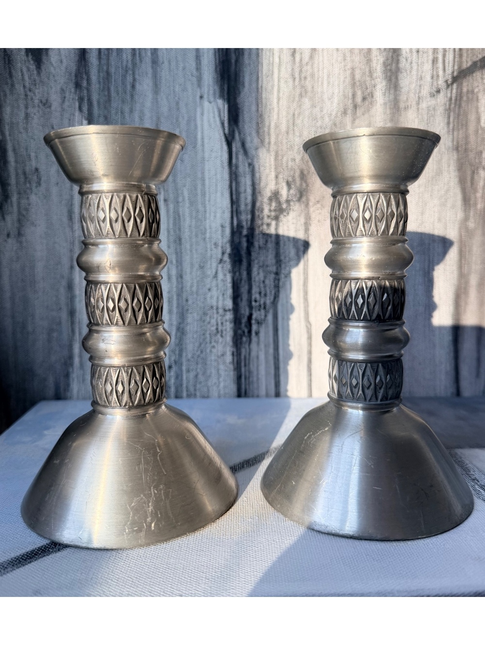 Vintage Brushed Pewter Candlestick Holders Pair Danish Modern MCM - Picture 5 of 6
